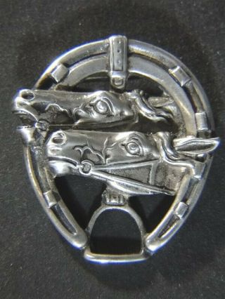 Vtg Double Racing Horse Heads In Horseshoe & Stirrup Sterling Silver Brooch Pin
