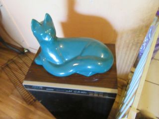 Vintage Teal Blue Mid Century Modern Ceramic Haeger Cat 10 " T X 15 " L