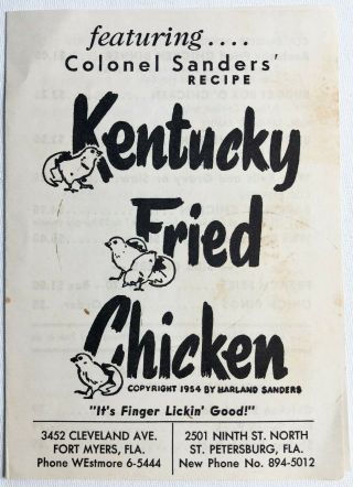 Vintage 1954 Colonel Sanders Kentucky Fried Chicken Menu Finger Lickin Good