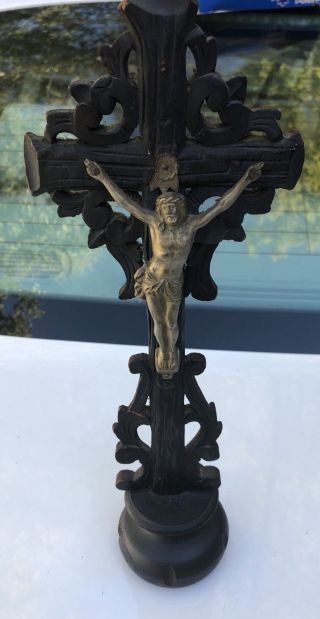 Antique Black Forest Carved Wooden Altar Crucifix