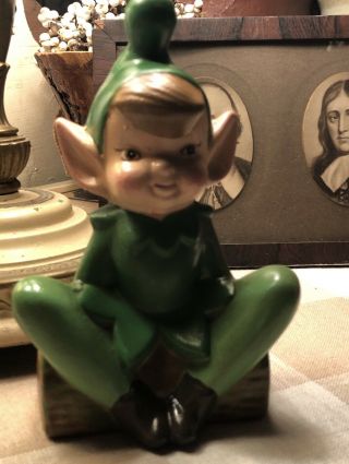 Vintage Ceramic Green Elf Pixie Sitting On Log Christmas Large