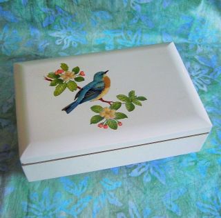 Vintage Otagiri White Lacquerware Music Jewelry Box W Bluebird " Sound Of Music "