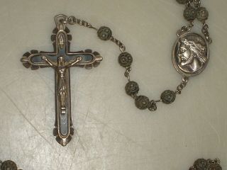 Antique Sterling Silver & Carved Wood Rosary Beads Rosaries
