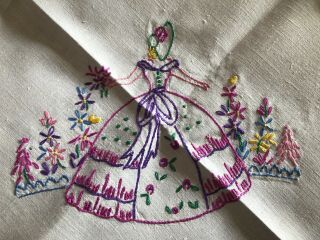 Very Sweet Vintage Crinoline Lady Hand Embroidered Cream Irish Linen Tablecloth