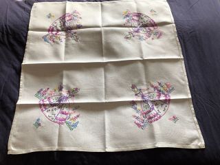 Very Sweet Vintage Crinoline Lady Hand Embroidered Cream Irish Linen Tablecloth 2