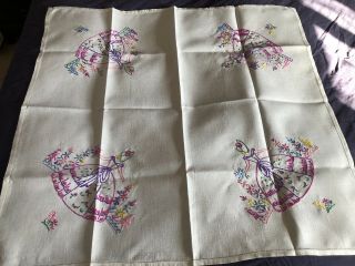 Very Sweet Vintage Crinoline Lady Hand Embroidered Cream Irish Linen Tablecloth 3