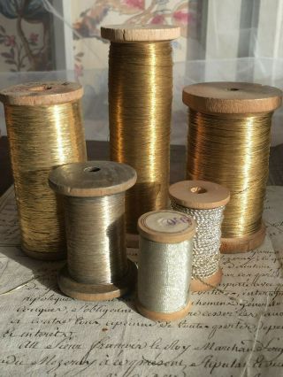 5 Fabulous Antique French Wooden Rolls Spools Gold Silver Metallic Thread Ribbon