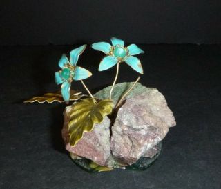 Vtg Mid Century Frank Mosse Enameled Aqua Blue Flowers Sculpture In Rock
