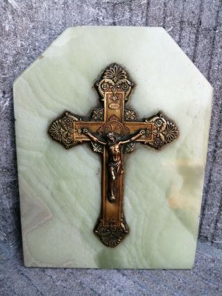 Antique Art Nouveau Metal Cross Crucifix Jesus Christ On Marble Plaque Standing