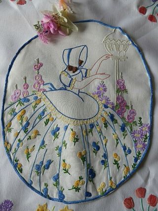Vintage Hand Embroidered Cushion Cover - Embroidered Crinoline Lady