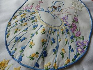 VINTAGE HAND EMBROIDERED CUSHION COVER - EMBROIDERED CRINOLINE LADY 2