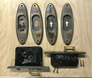 Antique Japanned Pocket Door Hardware.  Set Of 4 Pulls And 2 Mortise Locksets
