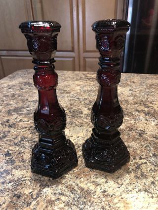 Vintage Avon Cape Cod Ruby Red Glass Tall Candlestick Holders 1 Pair