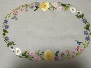 Vintage Hand Embroidered Linen Tray Cloth Mat Flowers Daisy Bluebell
