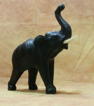 Vintage Real Leather Wrapped Medium Black Elephant Statue Figurine With Tusks