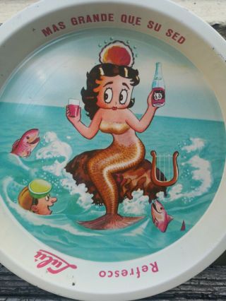 Vtg Rare Mexican 6 1/4 " Tin Tray Advertising Betty Boop Lulu Soda Mermaid 1960 