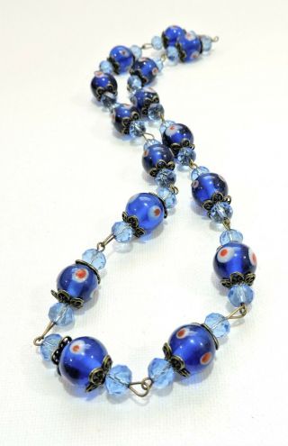 Vintage Blue White Red Evil Eye Lampwork Art Glass Bead Necklace No1939