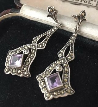 Vintage Jewellery Stunning Sterling Silver & Amethyst Crystal Pendant Earrings