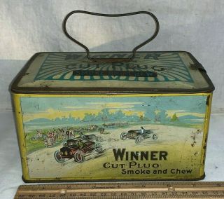Antique Winner Cut Plug Tobacco Tin Litho Lunch Pail Can Race Car Auto Gas Oil