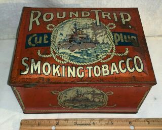 Antique Round Trip Cut Plug Smoking Tobacco Tin Litho Can Navy Ship Richmond Va