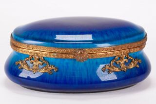 Antique Paul Milet Mp Sevres Blue Porcelain & Brass Dresser Jewelry Box