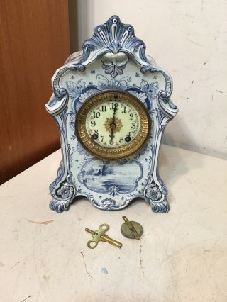 Antique Ansonia Royal Bonn Delft China Porcelain Mantle Clock