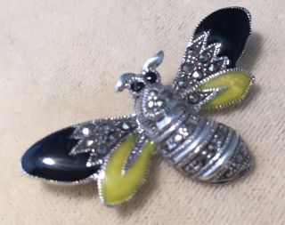 Vintage Art Deco Style Sterling Silver Enamel And Marcasite Bumble Bee Brooch