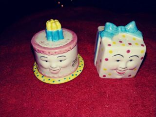 Vintage Birthday Cake.  & Gift Box Salt And Pepper Shakers Pre - Owned
