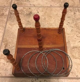 Vintage Ring Toss Game In Wooden Box With Metal Rings