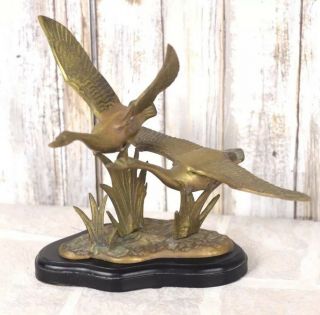 Vintage Solid Brass Geese In Flight Shelf Sculpture
