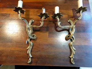 Vintage French Large Brass Double Wall Electric Lights Candle Sconces
