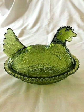 Vintage Green Glass Rooster/hen On Nest Covered Candy Dish Approx 7 " X 5 " X 5 "