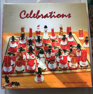 Rare Celebrations 14” Christmas Glass Chess Set - Complete Vintage Santa