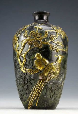 Chinese Vintage Bronze Statues Gold - Plating Flower Bird Vase Pot 20cm