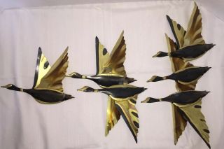 Set Vtg Brass Metal Flying Geese Ducks Wall Decor Brutalist Mid Century Modern