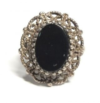 Vintage 925 Sterl Silver Filigree Black Oval Onyx Solitaire Ring,  M,  5.  30g - G28
