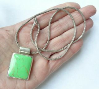 Vintage 925 Sterling Silver Mexico Green Turquoise Pendant Wheat Chain Necklace