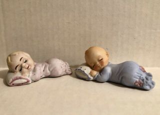 Two Vintage Enesco Bisque Porcelain Sleeping Baby Figurines
