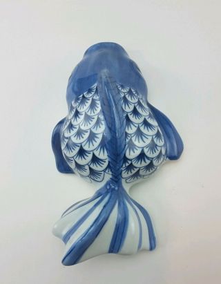 Vintage Asian 8 " Blue Coy Fish Wall Pocket Vase Retro Ceramic Art
