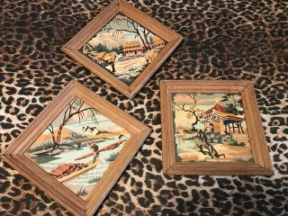 Vintage Trio Paint By Number Asian Wooden Frames,  10 - 1/2” Square,  3 Picture Set