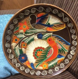Vtg Mexican Hand Painted Wood Bowl With Birds & Flowers 12 1/2 “