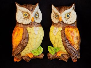 Vintage Lefton Ceramic Owl Wall Plaques 382 Japanese Porcelain Barn Owls