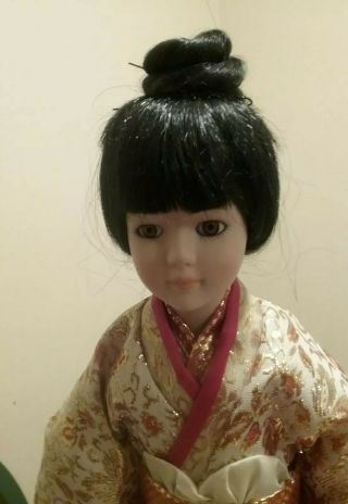 RARE Vintage Collectors Kimono Asian Japanese Porcelain Doll Wood Stand 2