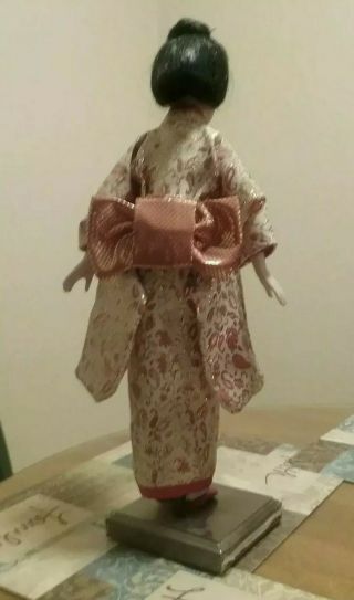 RARE Vintage Collectors Kimono Asian Japanese Porcelain Doll Wood Stand 3