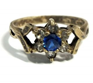 Vintage 925 Sterling Silver Blue & Clear Stone Floral Design Ring,  O,  2.  5g - M22