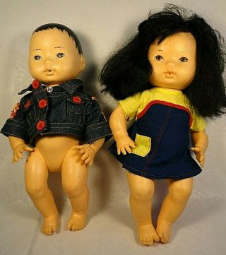 Rare Vintage 1976 Shindana Asian Little Friends Girl & Boy Dolls - Drink & Wet