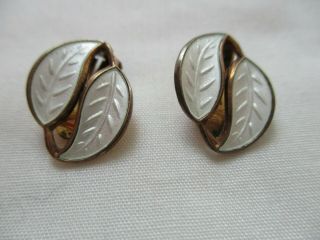 Vintage,  David Andersen,  Sterling Silver,  Gilt & White Enamel Double Leaf Earrings