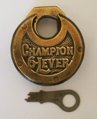 Vintage Antique Round Brass Champion 6 - Lever Padlock W/ Key