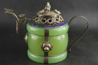 Collectible Vintage China Old Tibetan Silver Dragon Cloisonne Inlay Jade Teapot