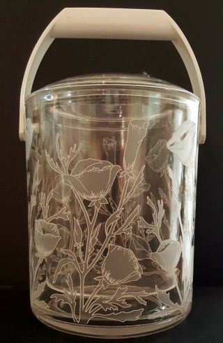 Vintage Culver Clear Acrylic Ice Bucket White Poppy Flowers Removable Lining
